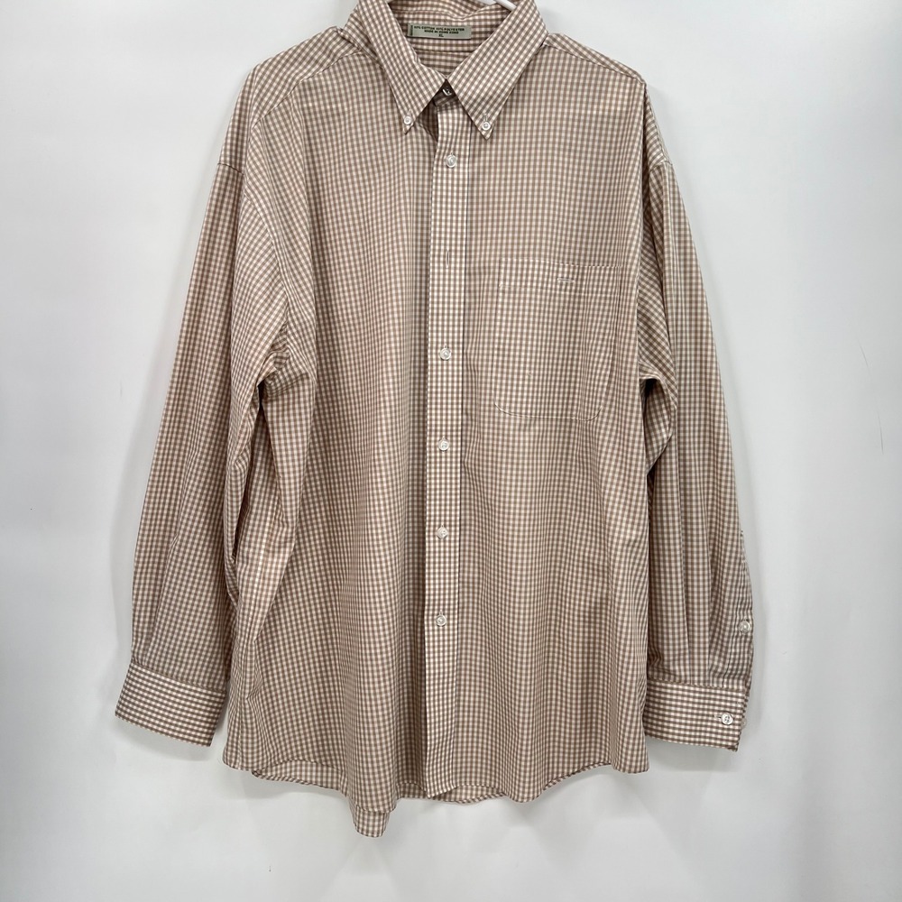 Orvis XL Button Down Shirt M Tan Gingham Check‎ Long Sleeve Cotton Blend Pocket